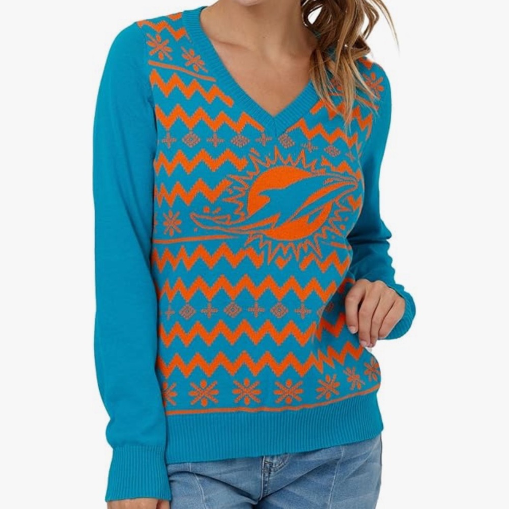 Miami Dolphins foco NFL Ugly Christmas Sweater Aqua‎ Orange XL See Measurements